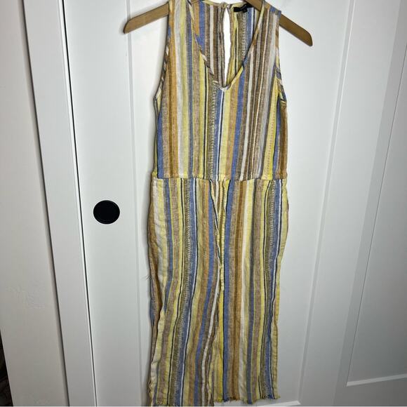 Anthropologie Drew Yellow Striped Linen Frayed Hem Straight Leg Jumpsuit Small - Picture 2 of 8